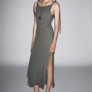 Zara Belted Tie Dress Midi Cotton Straight Neckline Gray Green Size Medium